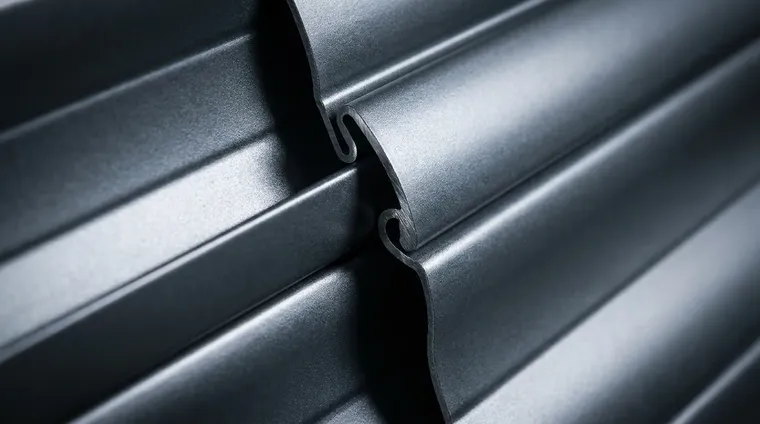 Macro close-up of interlocking aluminium roller door slats in anthracite