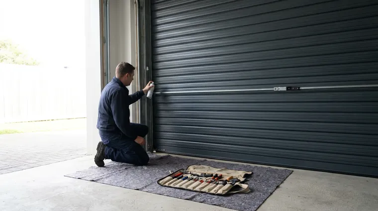 Engineer lubricating the guide runner of a roller garage door during a service