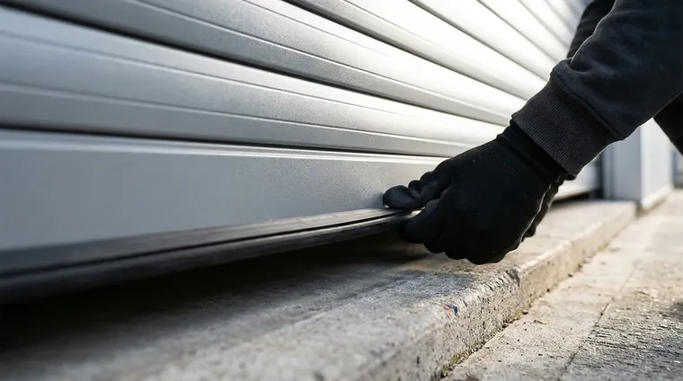 Gloved hand testing the rubber safety edge on the bottom rail of a roller door