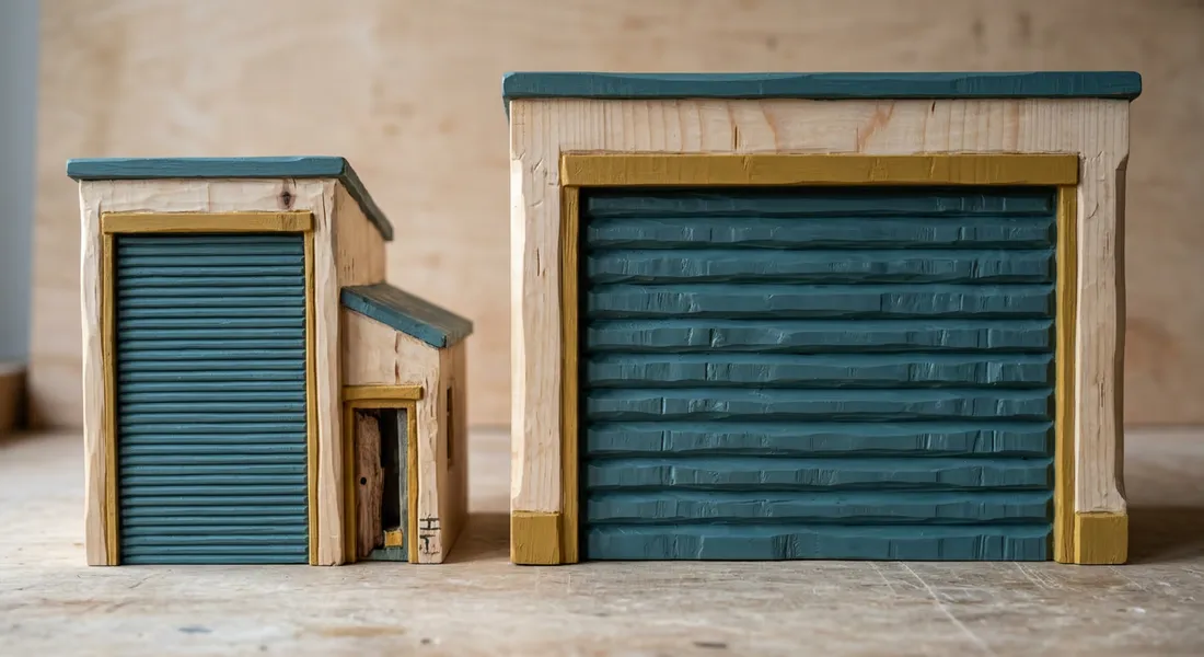 Carved wooden sculpture comparing a slim slat door with a chunkier wide slat door