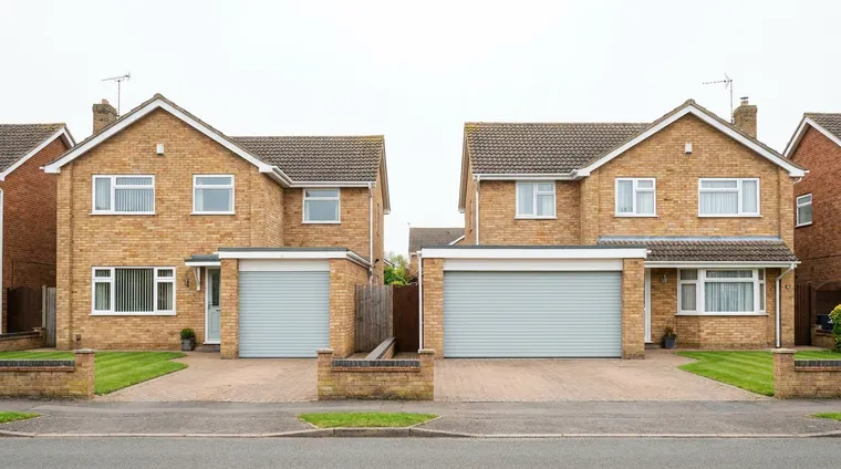 A single garage and a double garage side by side with matching grey roller doors