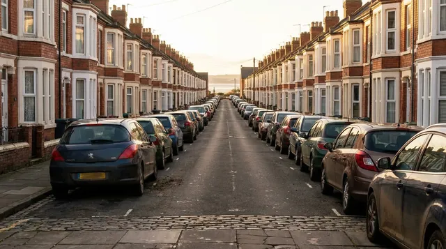 Terraced street in Southend with parked cars and the estuary in the distance