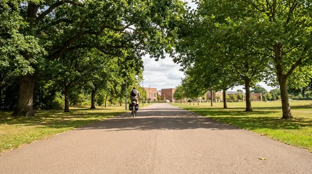 Tree lined pedestrian and cycle route through a new town with a cyclist in the distance