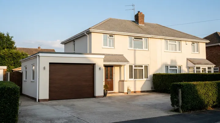 Post war semi detached house with a dark woodgrain effect roller garage door