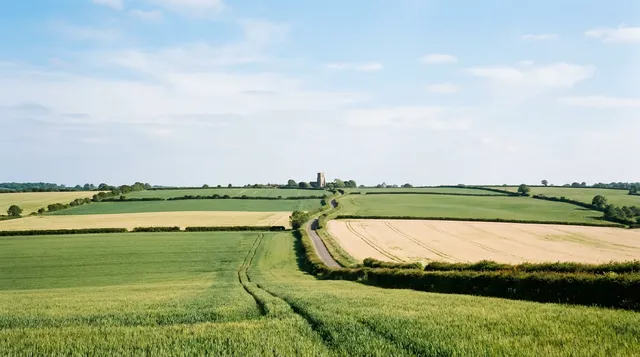 Rolling Suffolk farmland with hedgerows, a country lane and a distant church tower