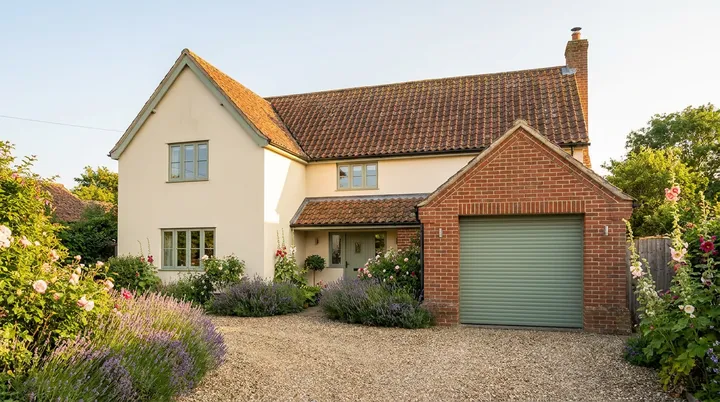 Cream rendered Suffolk village home with a moss green roller garage door