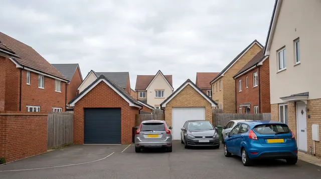 Estate cul de sac in Thurrock with integral garages and one new dark grey roller door