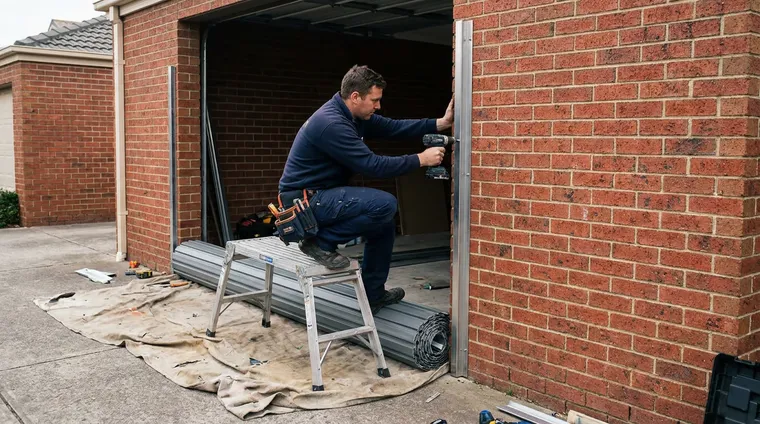 Installer fixing a guide runner beside a garage opening with the door curtain ready below
