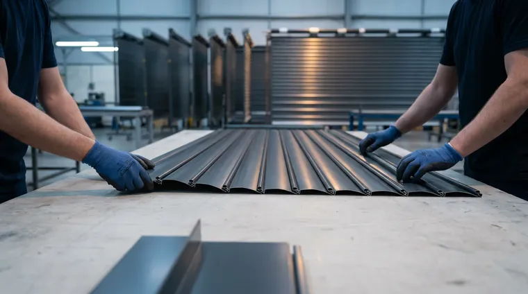 Aluminium roller door slats being assembled into a made to measure curtain in a workshop