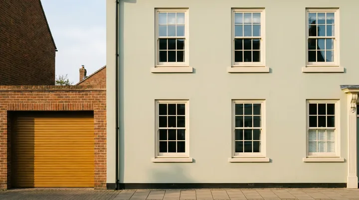 Georgian fronted town house in Witham with a woodgrain roller garage door beside it